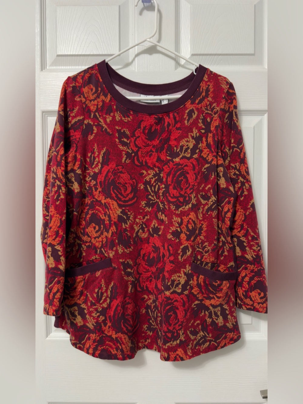 Women's Floral Red Knit Pullover with Pocket Details